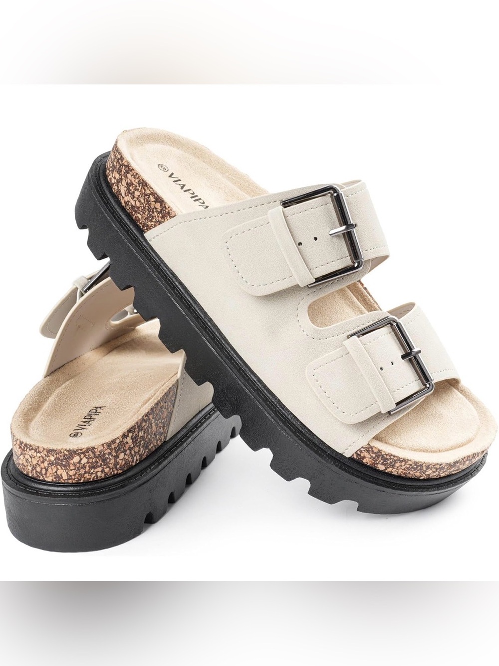 Women's Cream Chunky Platform Buckle Slide Sandals